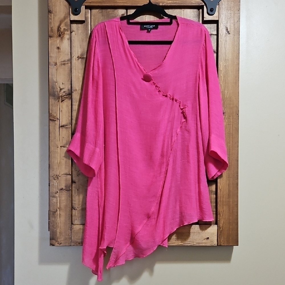Red Coral Pink Draped Asymmetric Hem Sheer Coverup Top Size Med